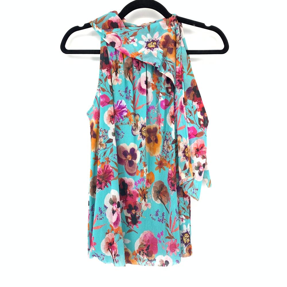 Fuzzi Halter Tie Neck Blouse Womens Sz XS Blue Pansy Floral Print Mesh